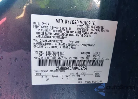 2019 Ford Flex Sel from USA, damaged, VIN 2FMHK6C87KBA32751